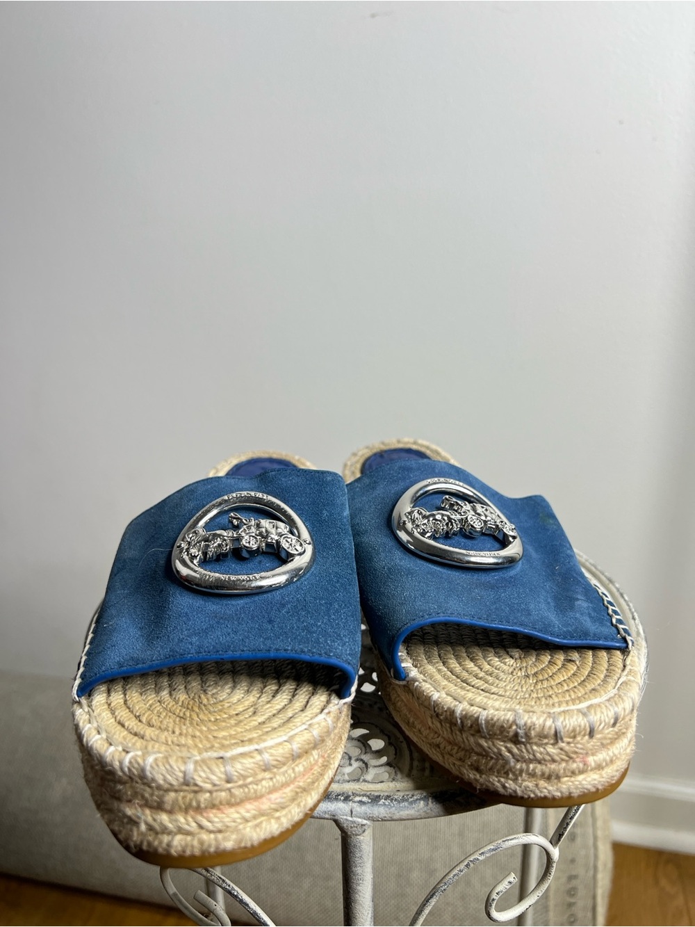 Coach Blue Suede Slide Espadrilles with Silver Horse-and-Carriage Medallions - Picture 3 of 6